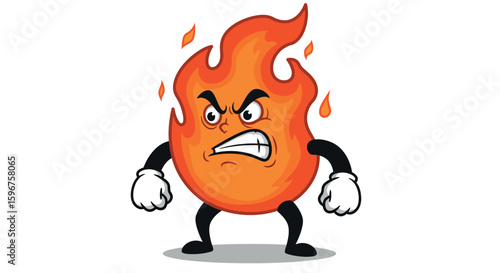 Fiery cartoon character with angry expression and flame body on white background