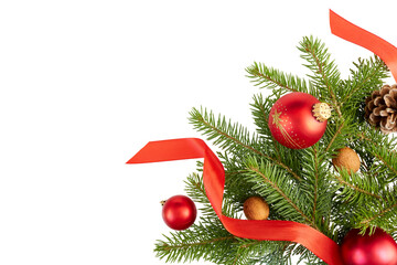 beautiful christmas decoration frame corner with fir tree twigs, red christmas balls, walnuts and ribbon band isolated on white or transparent png