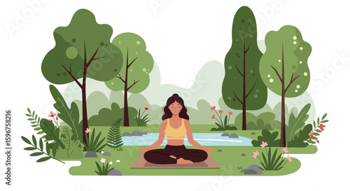 Peaceful meditation in nature among lush green trees and serene pond