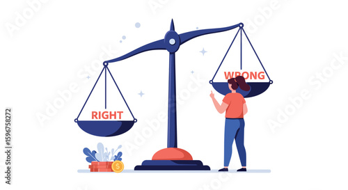Balancing right and wrong: conceptual scale with person in flat design