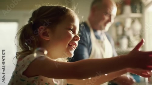 A young girl trying to catch soap bubbles floating in the kitchen while her dad washes dishes