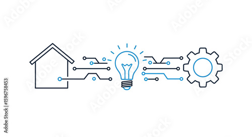 Smart home automation with linear circuit design connecting house, light bulb, and gear