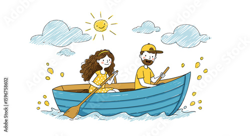 Playful cartoon style of couple rowing in a boat on a sunny day