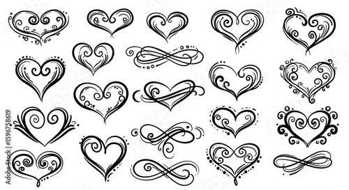 Elegant collection of decorative heart and infinity symbols in elegant black swirl pattern