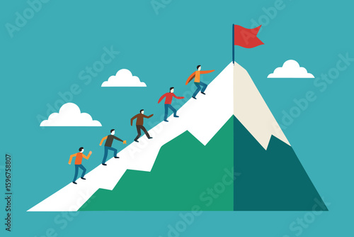 Mountain Climbing Success: Teamwork Illustration of People Reaching the Top, Achieving Goals, and Conquering Challenges