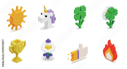 Playful isometric icons: unicorn, sun, clover, trophy, thumb, flower, flame