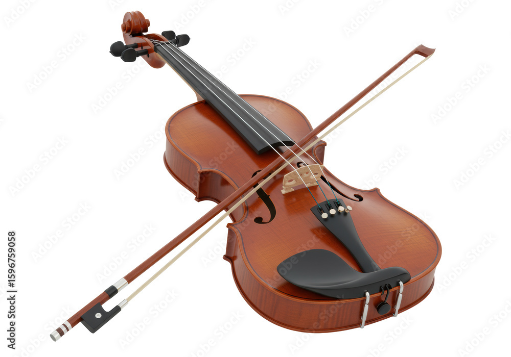Fototapeta premium Classical wooden violin, glossy brown, detailed scroll, f-holes, bridge, and bow diagonally across, isolated on transparent studio background, UHD, 4K, sharp focus, commercial product photography