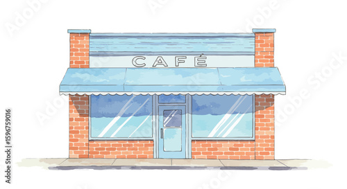 Charming watercolor cafe exterior with brick facade and blue awnings