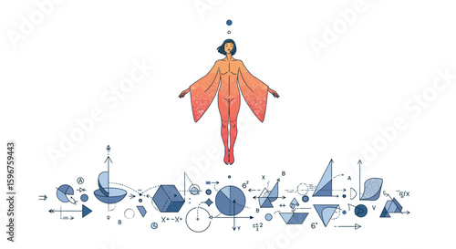 Abstract cosmic woman floating above geometric shapes and mathematical equations