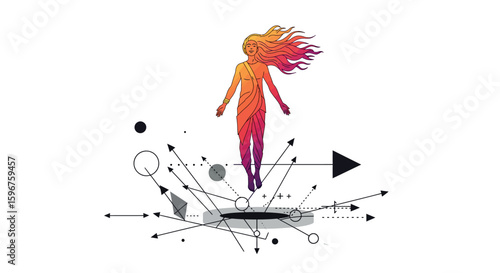 Surreal geometric woman with flowing hair and abstract arrow composition