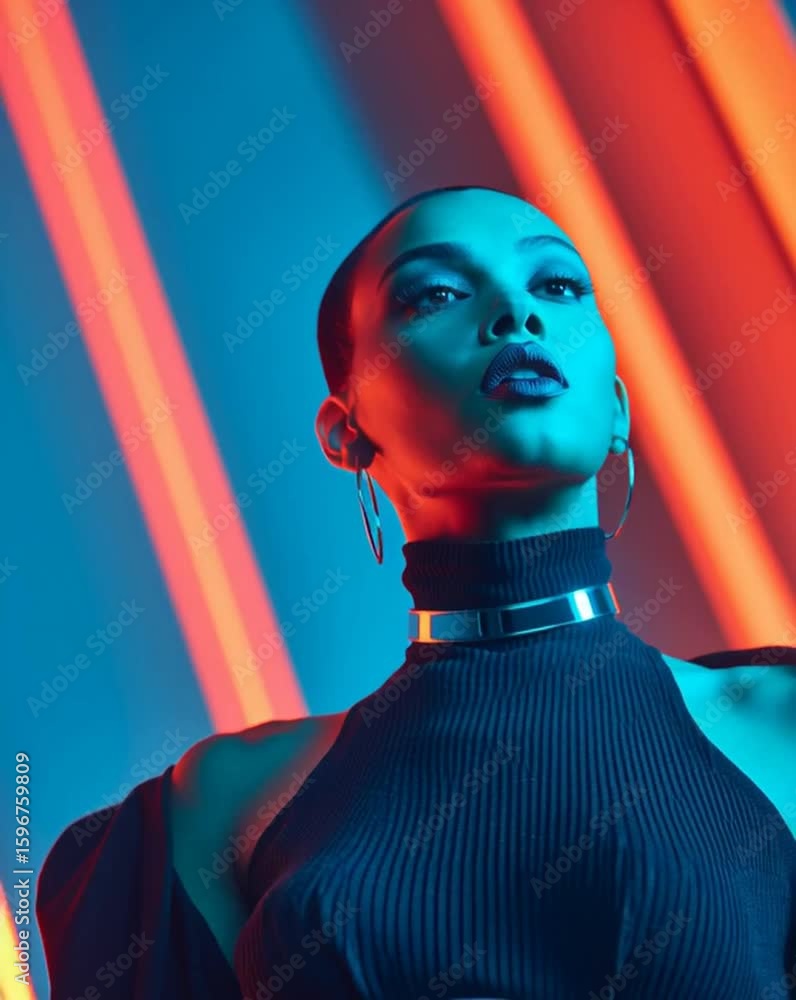 Fashion Surreal Concept. Black girl with makeup in avant garde high fashion attire, neon light and abstract geometric background pose. clip mov HD motion