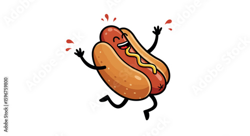 Happy cartoon hot dog dancing with mustard on a white background