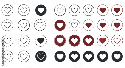 Minimalist heart icon set: black and red variations for design projects