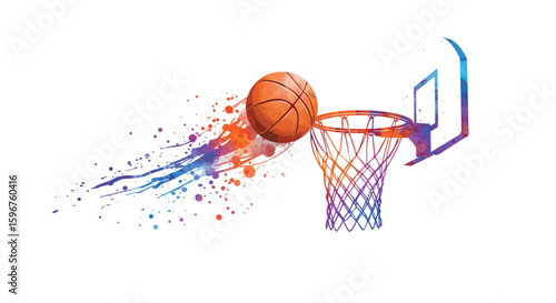 Colorful splash basketball art with ball and hoop