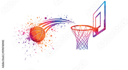 Colorful basketball splash with hoop in motion