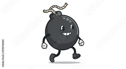 Cheerful cartoon bomb character with expressive face and legs