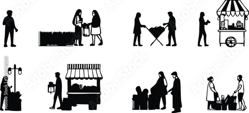 A set of silhouettes of street vendors