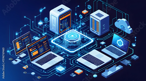 Blue robot with laptop on a digital circuit board background, representing advanced computer technology and electronic hardware