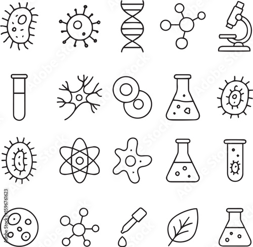 Science and Biology Vector Icon Set – Bacteria, Virus, DNA, Molecules, Microscope, Test Tube, Neuron, Cells, Flask, Beaker, Germs, Atom, Ameba, Laboratory And Other Icons
