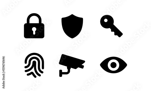 Security and privacy icons collection: lock, shield, key, fingerprint, camera, eye