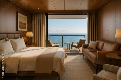 Modern, luxurious hotel room with ocean view, featuring a comfortable bed, a leather sofa, and a private balcony with seating, perfect for a relaxing getaway