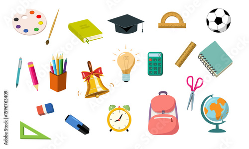 A set of school colored supplies