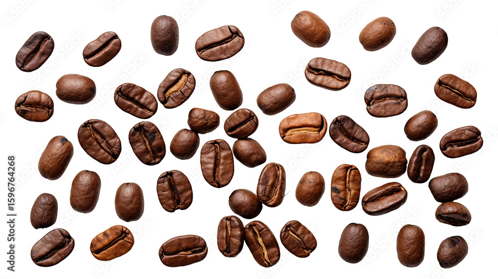 Obraz premium Roasted coffee beans isolated on transparent white background, clipping path
