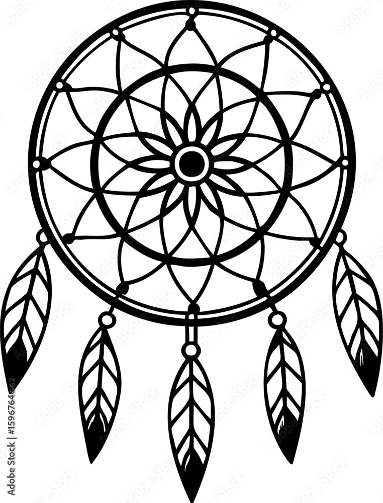 Obraz premium Dreamcatcher with intricate circular web and hanging feathers, symbolizing protection and positive energy in delicate design