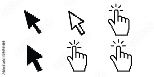 Pixel Cursor and Hand Click Icons – Retro Mouse Pointer Vector Set for UI/UX and Web Design