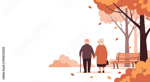 Elderly Couple Walking in Fall Park Illustration