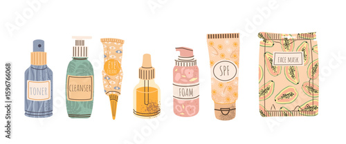 Cosmetic beauty products in bottles, jars set. Face care, skincare hygiene essences. Cream, foam for washing, scrub, soap, sheet mask, spf spray, serum. Skincare routine concept. Vector design