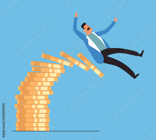 Business people falling down from money pile. Business fail flat simple style isolated concept. Vector flat graphic design illustration