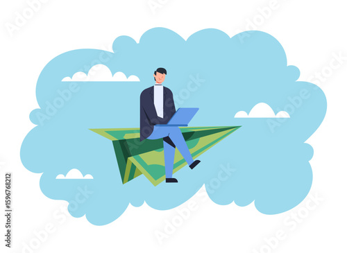 Business people fly on money paper airplane flat simple style isolated concept. Vector flat graphic design illustration