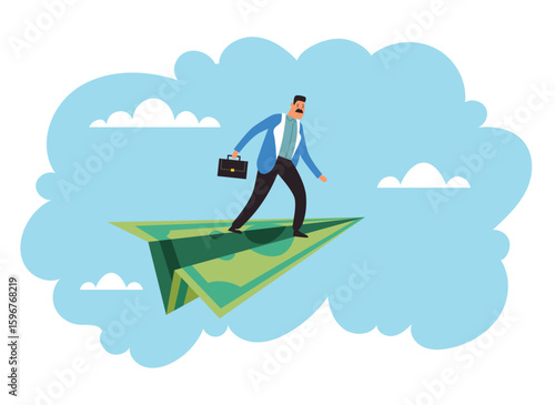 Business people fly on money paper airplane flat simple style isolated concept. Vector flat graphic design illustration