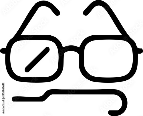 The image is a black outline icon representing visual impairment, featuring glasses and a white cane for blind individuals.