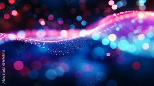 Abstract digital wave background with glowing particles and bokeh effect in pink and blue