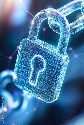 Glowing Cybernetic Padlock Secured to Digital Chain Links