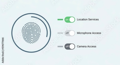 A biometric fingerprint icon with toggles showing Location Services enabled, and Microphone and Camera Access disabled.