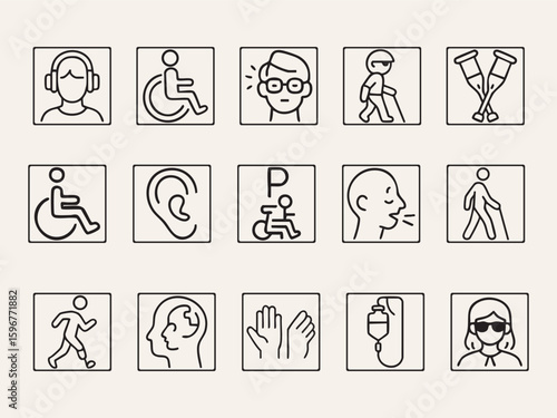  The image shows a set of disability icons, including a guide dog, wheelchair, prosthetic leg, hearing aid, sign language gesture, brain, and a person with visual impairment.