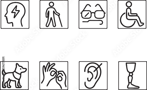  The image shows a set of disability icons, including a guide dog, wheelchair, prosthetic leg, hearing aid, sign language gesture, brain, and a person with visual impairment.