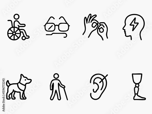  The image shows a set of disability icons, including a guide dog, wheelchair, prosthetic leg, hearing aid, sign language gesture, brain, and a person with visual impairment.