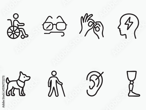  The image shows a set of disability icons, including a guide dog, wheelchair, prosthetic leg, hearing aid, sign language gesture, brain, and a person with visual impairment.