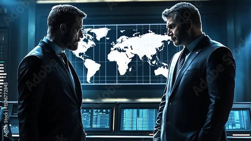 Two Businessmen in Dark Suit Discussing Strategy in High-Tech Control Room