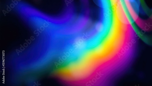Blurred rainbow refraction overlay effect. Light lens prism effect on black background. Holographic reflection, crystal flare leak shadow overlay. Colorful rainbow disco ball light