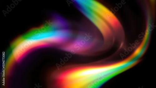 Blurred rainbow refraction overlay effect. Light lens prism effect on black background. Holographic reflection, crystal flare leak shadow overlay. Colorful rainbow disco ball light