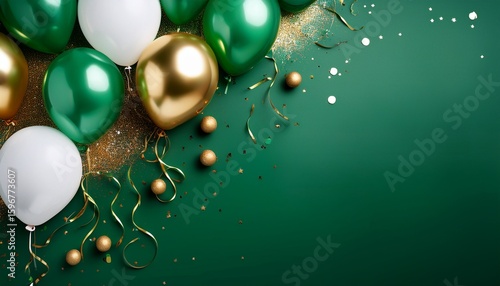 beautiful happy birthday green color background with golden green white ballons and confetti celebration party new year christmas xmas greeting card