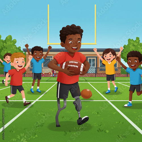Vector of boy with prosthetic leg holding football