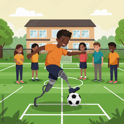 Illustration of a disabled boy playing football while his friends cheer him on.