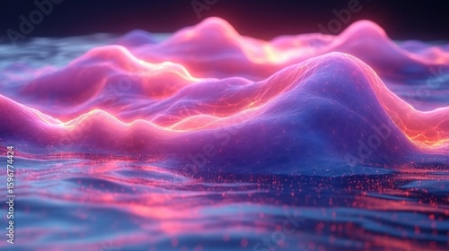 Abstract Neon Landscape: Glowing Hills and Serene Waters