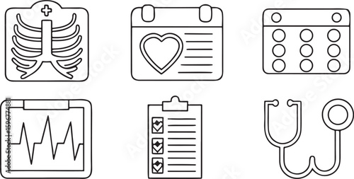 Isolated medical diagnosis and report vector icons, x ray machine, lab test tube, heart checkup, scanning report, stethoscope tool, healthcare chart, editable clean hospital theme